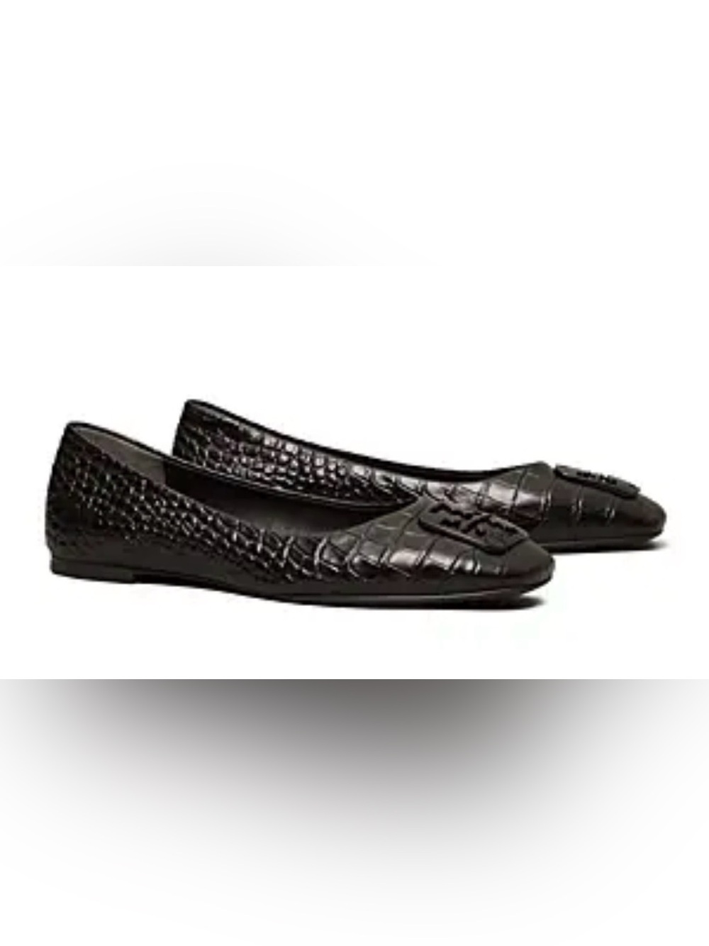 Tory Burch Georgia Square-Toe Black Croc-Embossed Logo Ballet Flats